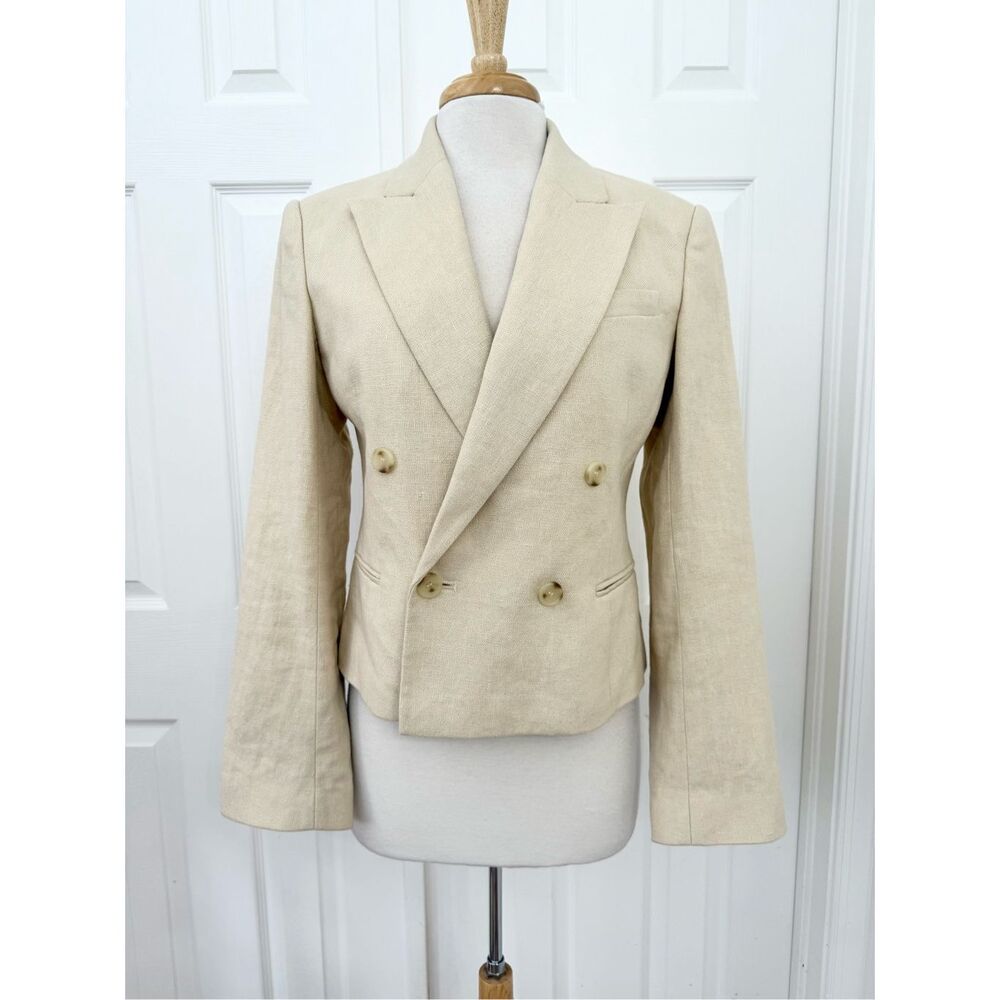 ALC Barely Beige Double Breasted River Crop Linen Blend Blazer Jacket Size 8